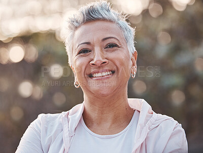 Buy stock photo Nature, smile and happy senior woman outdoor for freedom, happiness and a healthy lifestyle with fitness and fresh air. Portrait of black female at park for peace, health and wellness in summer