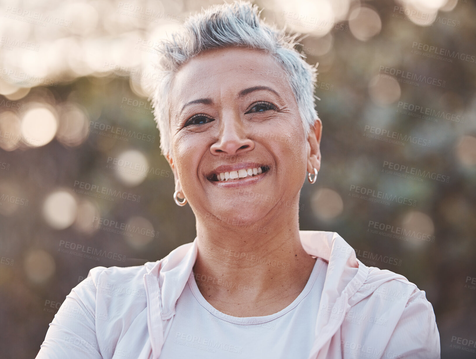 Buy stock photo Nature, smile and happy senior woman outdoor for freedom, happiness and a healthy lifestyle with fitness and fresh air. Portrait of black female at park for peace, health and wellness in summer