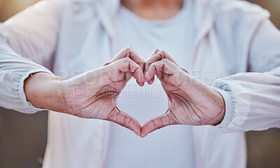 Buy stock photo Heart, fitness and senior hands with health in cardio, sports or training with wellness love, hope and health background. Support, healthcare and retirement love sign of woman in exercise or workout