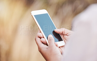 Buy stock photo Smartphone, hands and mockup with technology and communication, online chat or email with social media. Contact, connection and mobile app with phone and marketing for mobile, tech and 5g network