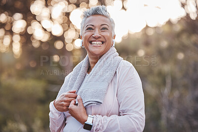 Buy stock photo Fitness, exercise and happy senior woman in nature with a towel for cardio running workout for health and wellness. Elderly female in a forest to run for a healthy lifestyle, body and energy outdoor