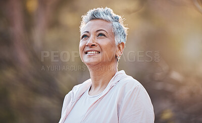 Buy stock photo Senior woman, nature and thinking while outdoor for freedom, happiness and a healthy lifestyle with fitness and fresh air. Face of happy black female at park for peace, health and wellness in summer