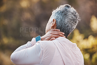 Buy stock photo Back, exercise and senior woman with neck pain, training or workout for wellness, outdoor or health. Mature female, athlete or injury in park, fitness or muscle massage for arthritis or joint tension