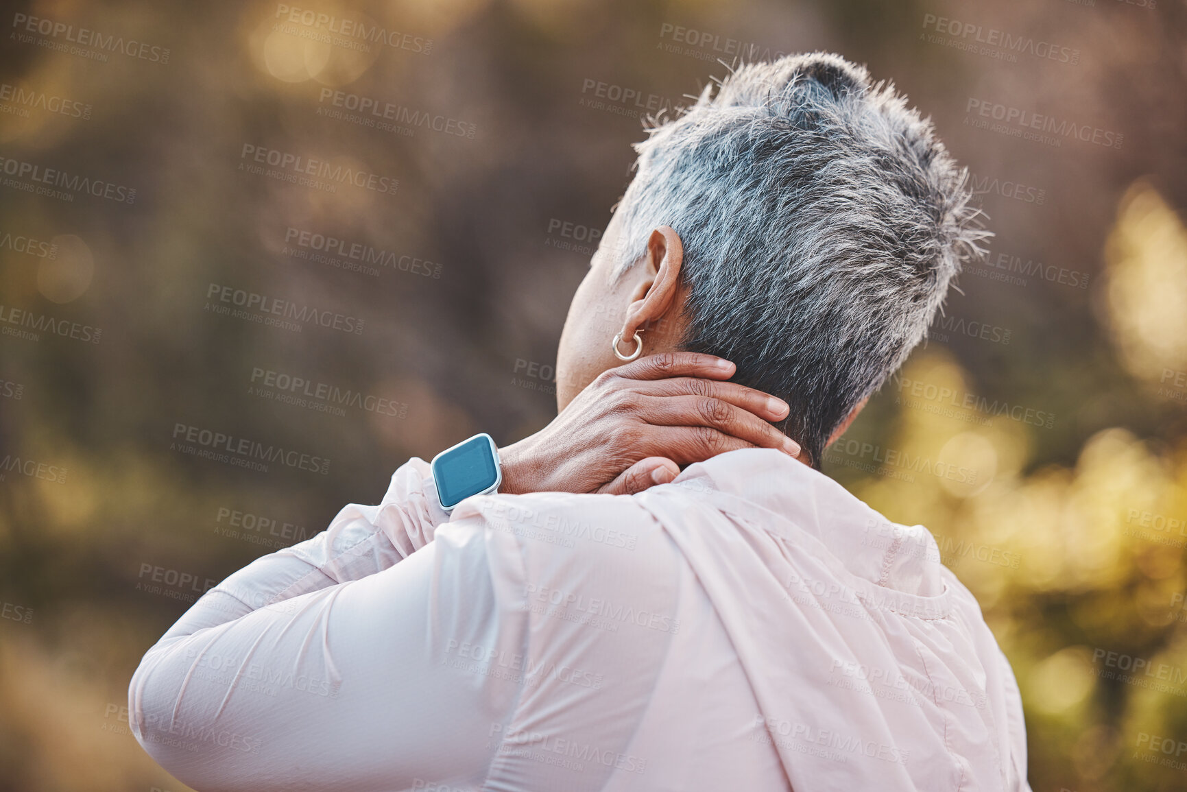 Buy stock photo Back, exercise and senior woman with neck pain, training or workout for wellness, outdoor or health. Mature female, athlete or injury in park, fitness or muscle massage for arthritis or joint tension