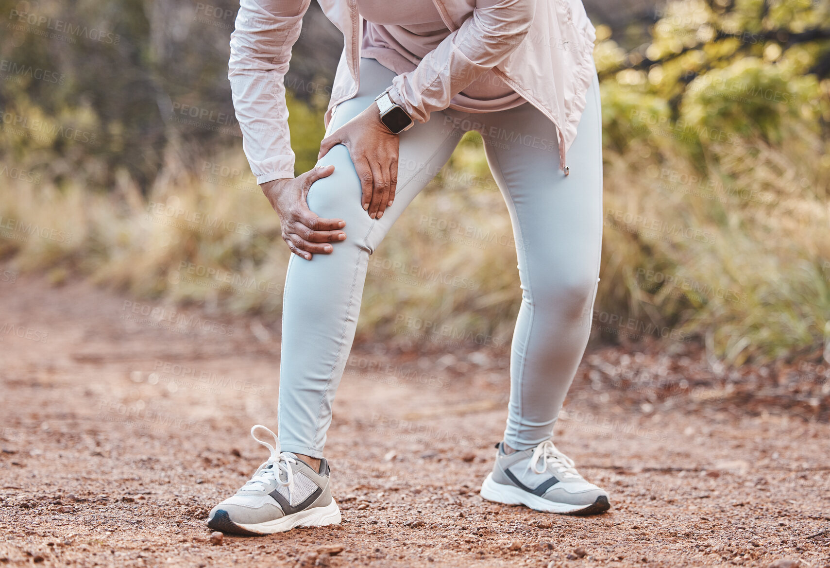 Buy stock photo Sports, knee pain and woman in park after running, exercise and marathon training for healthy lifestyle. Wellness, fitness and hands of female athlete with muscle strain, leg injury and accident