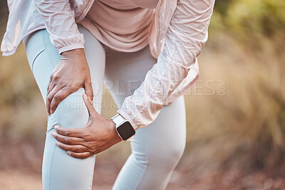 Buy stock photo Fitness, knee pain and woman in park after running, exercise and marathon training for healthy lifestyle. Wellness, sports and hands of female athlete with muscle strain, leg injury and accident