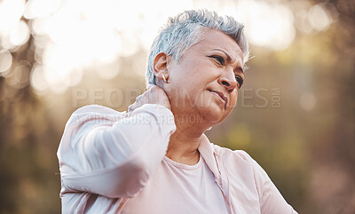 Buy stock photo Exercise, neck pain and senior woman outdoor, fitness and injury while training, wellness and health. Mature female, elderly lady and injured in nature, broken or massage joint for workout or healthy