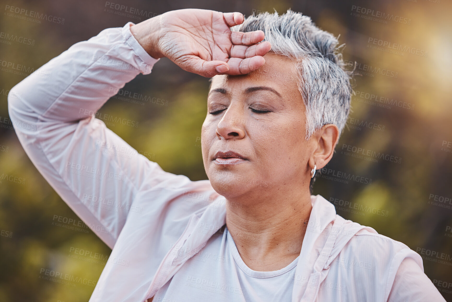 Buy stock photo Tired runner, senior woman and breathing outdoor for fitness exercise, running rest and workout training. Nature forest, elderly athlete and closed eyes for breathe, cardio break and sports wellness