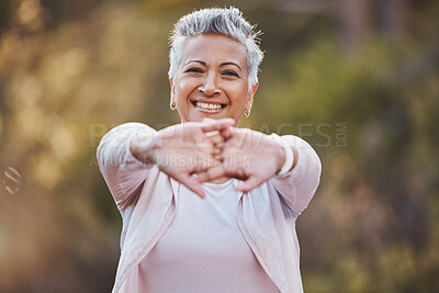 Buy stock photo Fitness, portrait or old woman stretching in nature to start training, hiking exercise or workout in a park in Portugal. Happy, warm up or healthy senior person smiles with pride, goals or motivation