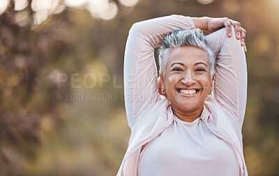 Buy stock photo Fitness, portrait or happy old woman stretching in nature to start training, body exercise or hiking workout in Portugal. Freedom, face or healthy senior person smiles with pride, goals or motivation