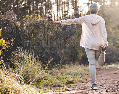 Buy stock photo Fitness, balance or old woman in nature to start training, running exercise or hiking workout in New Zealand. Freedom, back view or healthy senior person with resilience, body goals or motivation