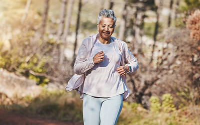 Buy stock photo Fitness, runner or old woman running in nature training, exercise or cardio workout in New Zealand park. Happy, elderly or healthy senior person smiles with pride, body goals or motivation in summer