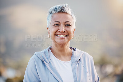 Buy stock photo Face portrait, fitness and senior woman ready for training, workout or exercise outdoors. Sports, wellness or retired, elderly and happy female athlete from India preparing for running or healthy jog