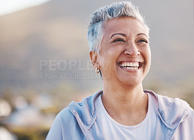 Buy stock photo Face, elderly woman and smile with fitness outdoor, happy with cardio exercise, runner and happy in retirement. Health, wellness and active lifestyle with mature female, running mockup and workout