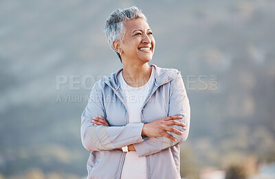 Buy stock photo Senior woman, fitness exercise and relax outdoor for calm vision, freedom and sports workout in nature. Cardio lifestyle, elderly person and happy athlete thinking on mountain top with crossed arms