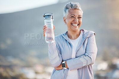 Buy stock photo Fitness, happy or old woman with water bottle in nature to start training, exercise or hiking workout in New Zealand. Portrait, liquid or healthy senior person smiles with pride, goals or motivation