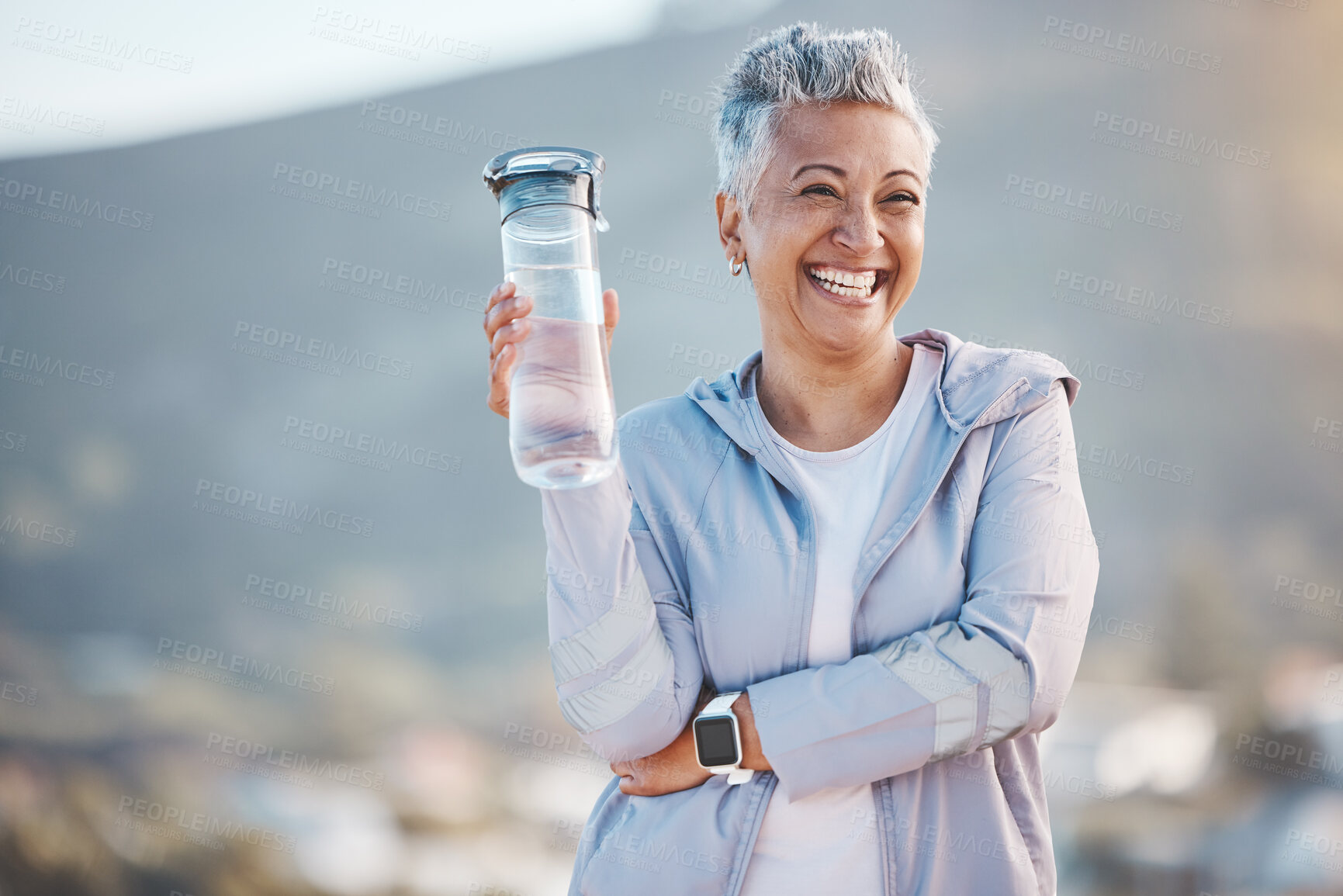 Buy stock photo Fitness, happy or old woman with water bottle in nature to start training, exercise or hiking workout in New Zealand. Portrait, liquid or healthy senior person smiles with pride, goals or motivation