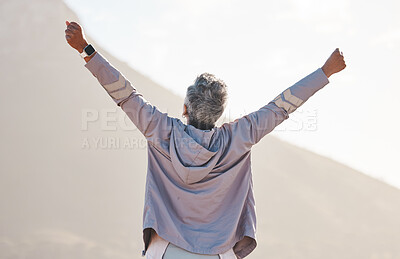 Buy stock photo Nature, senior woman arms in air and fitness on mountains mockup for exercise, training or workout goals, success and achievement. Winner, stretching or healthy elderly runner with rear for wellness
