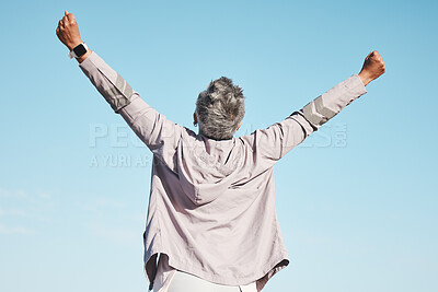 Buy stock photo Freedom, fitness and woman hands in air on blue sky mockup for exercise, fitness or workout training goals, success and achievement. Winner, wow and healthy senior or runner rear in nature wellness