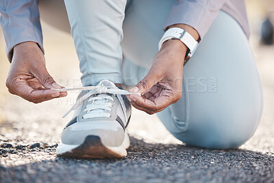 Buy stock photo Woman, hands and shoelace for street runner, outdoor workout and fitness in summer sunshine in morning. Running adventure, shoes and tie lace for safety, speed and balance in road exercise for health