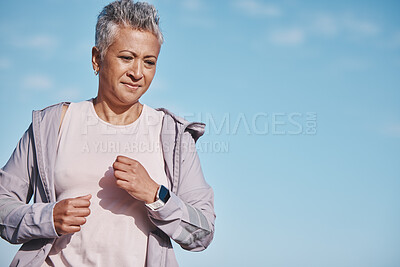 Buy stock photo Senior woman, exercise run and blue sky outdoor fitness for retirement sports wellness, health workout and cardio training. Elderly athlete, energy motivation and cardio runner freedom and lifestyle 