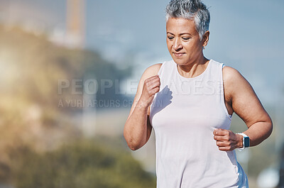 Buy stock photo Senior woman, fitness running and outdoor exercise for sports wellness, healthy body workout and cardio training. Elderly athlete, focus and runner freedom and marathon lifestyle in nature park