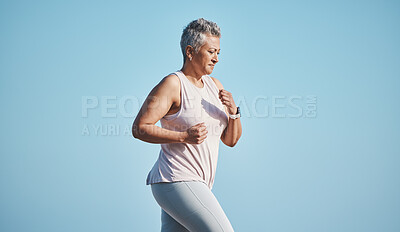 Buy stock photo Fitness, nature and senior woman running for health, wellness and exercise in Puerto Rico. Sports, runner and elderly female athlete doing an outdoor cardio workout training for a marathon or race.