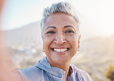 Buy stock photo Elderly woman runner, training selfie and smile in nature for retirement fitness, wellness or self care. Happy senior black woman, park portrait and running by mountains, outdoor and summer workout