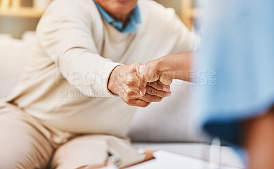 Buy stock photo Welcome handshake, healthcare caregiver and senior medical insurance support, consultation greeting and nurse in nursing home. Thank you, doctor conversation or patient agreement in retirement clinic