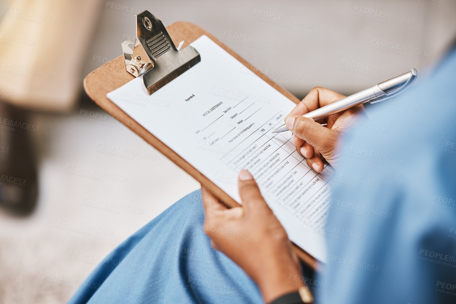 Buy stock photo Nurse, clipboard and writing checklist for patient, healthcare consulting and medical information. Closeup doctor hands write documents, data and questions on wellness report, planning or paper admin