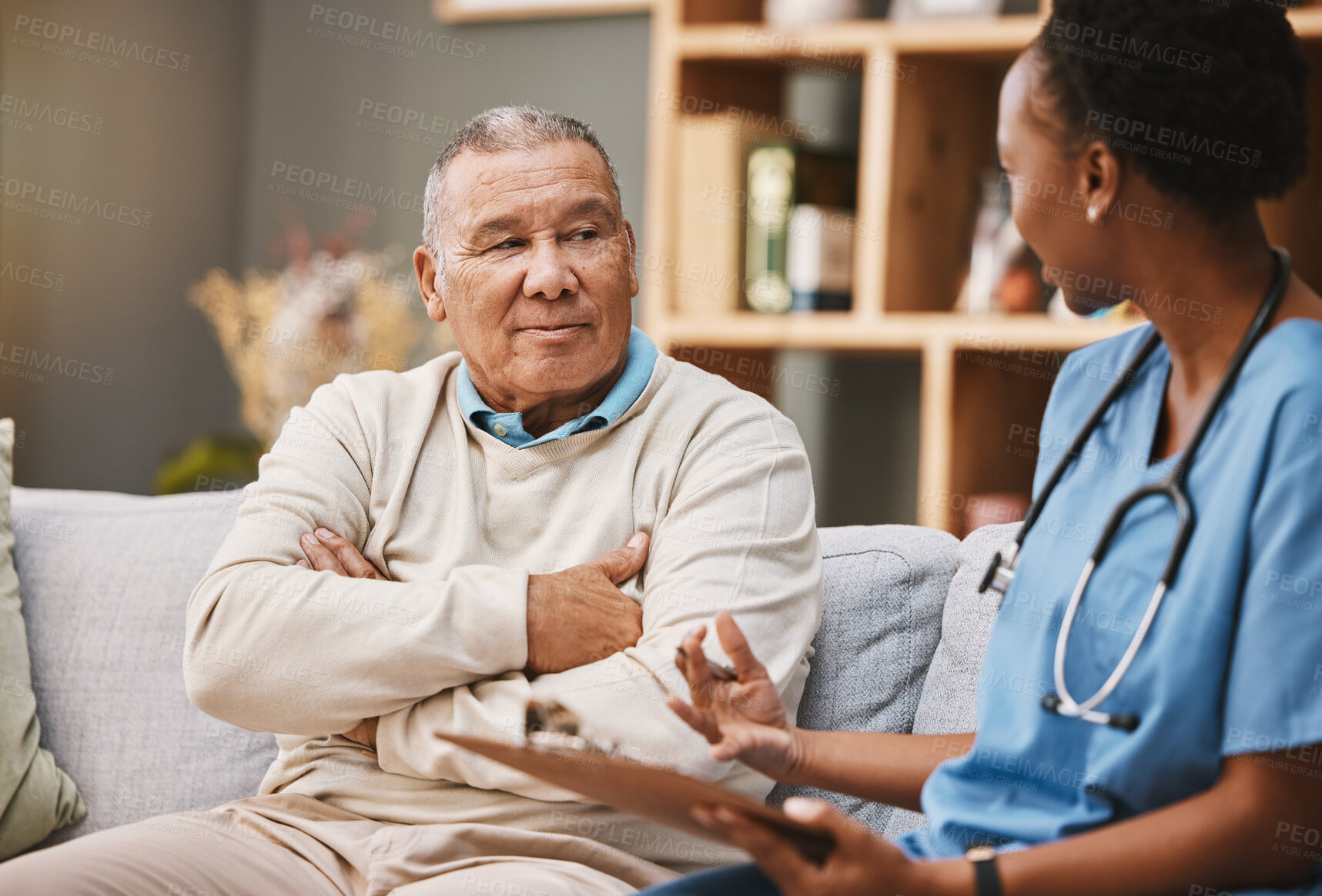 Buy stock photo Consulting, medical and checklist with old man and nurse for retirement, rehabilitation or physical therapy. Help, empathy and healing with patient and black woman in nursing home for healthcare exam