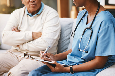 Buy stock photo Nurse consulting patient with clipboard, medical notes and healthcare service of life insurance, help or planning. Closeup doctor asking questions in consultation with paperwork, report and documents
