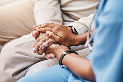 Buy stock photo Nurse holding hands with patient in empathy, trust and support of help, advice and healthcare consulting. Kindness, counseling and medical therapy with doctor for hope, consultation and depression 