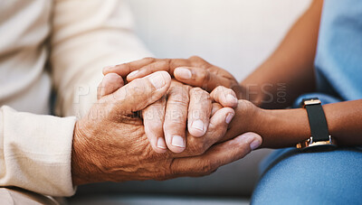 Buy stock photo Hands, nurse and doctor with senior patient, empathy and trust for surgery, psychology and healthcare consulting. Closeup psychologist, caregiver and volunteer support, help and hope of mental health