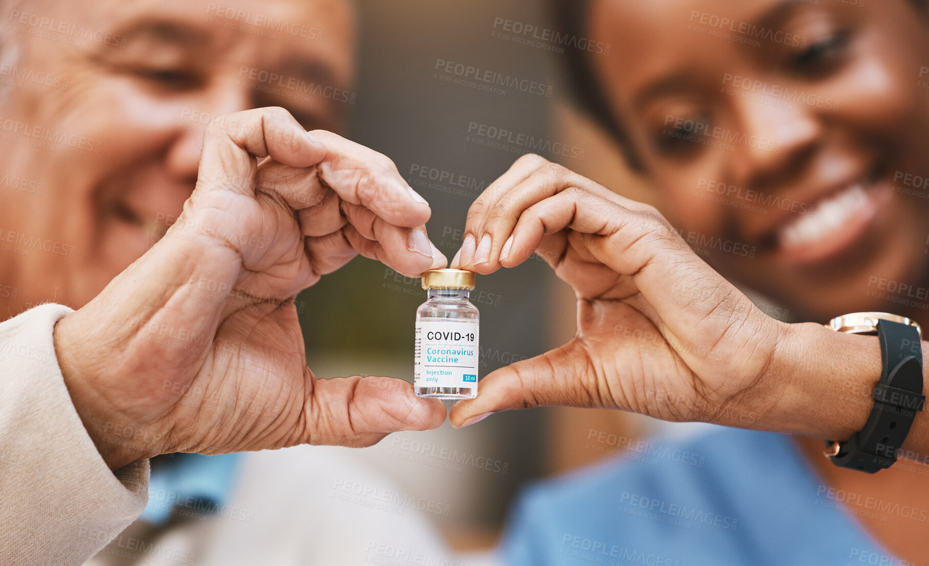 Buy stock photo Covid vaccine, heart hands and nurse with patient in support of medical development, wellness medicine and vial bottle. Corona virus vaccination, healthcare and finger shape for hope, trust and risk 