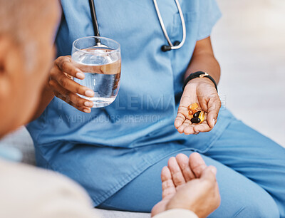 Buy stock photo Pills, water and hands of nurse with patient in nursing home for wellness, healthcare and prescription. Doctor, medical care and health worker with vitamins, supplements and medication treatment
