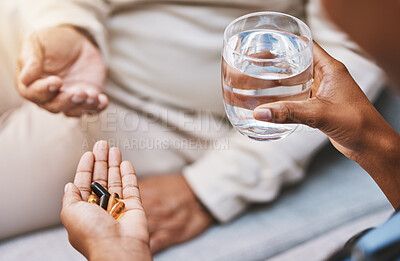 Buy stock photo Hands of nurse with patient for pills, water and medication in nursing home for wellness, healthcare and prescription. Doctor, medical care and health worker with vitamins, supplements and treatment