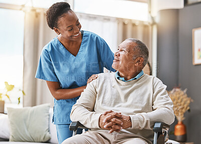 Buy stock photo Help, support and wheelchair with nurse and old man for disability, rehabilitation or healing. Retirement, physiotherapy and healthcare with patient and black woman nursing home for medical caregiver