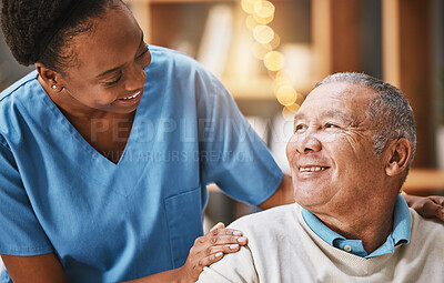 Buy stock photo Help, support and medical with nurse and old man for retirement, rehabilitation or healing. Empathy, physical therapy and healthcare with patient and black woman in nursing home for caregiver service