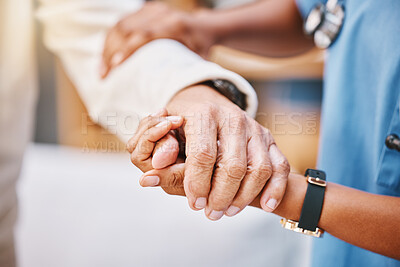 Buy stock photo Nurse, hands and helping patient with walking, rehabilitation and elderly care in clinic. Closeup caregiver, nursing home and support of holding hands for healthcare safety, medical service and trust