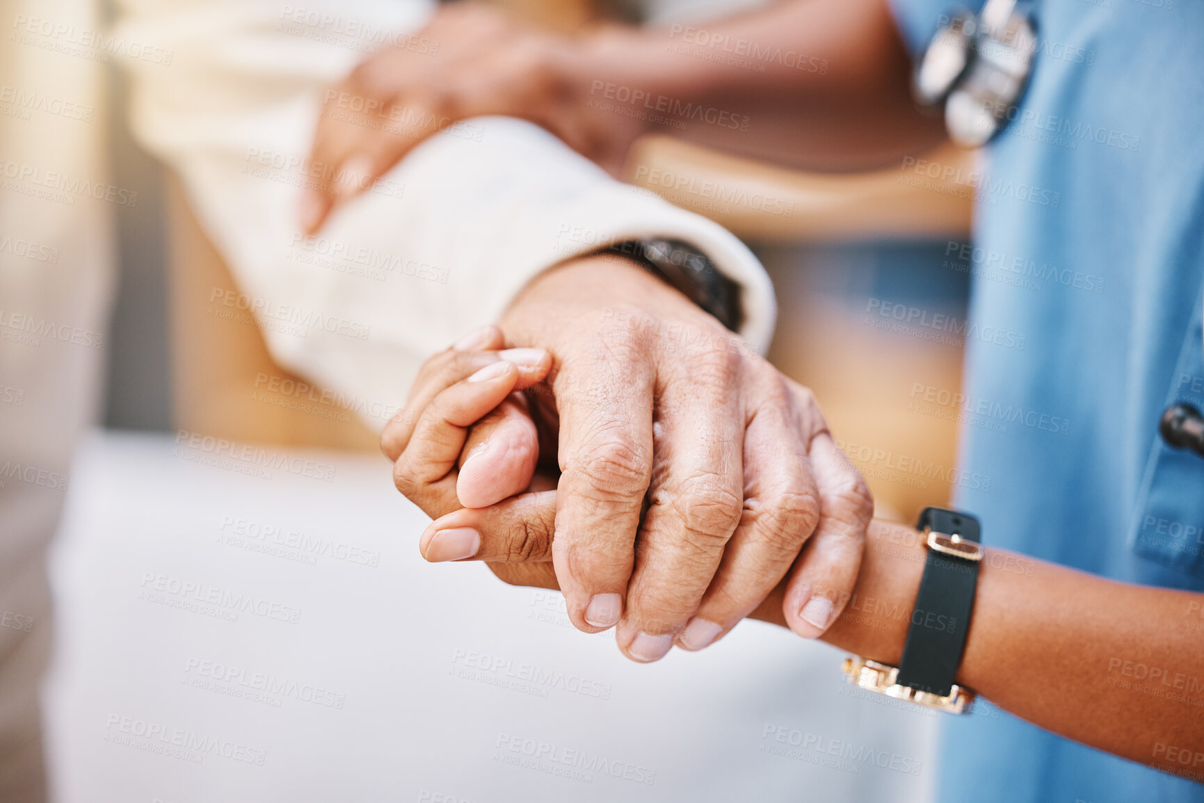 Buy stock photo Nurse, hands and helping patient with walking, rehabilitation and elderly care in clinic. Closeup caregiver, nursing home and support of holding hands for healthcare safety, medical service and trust