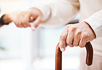 Walking stick, senior patient and nurse hands for help, support and therapy for disability, parkinson and arthritis. Cane, disabled man and caregiver in nursing home for healthcare, trust or homecare