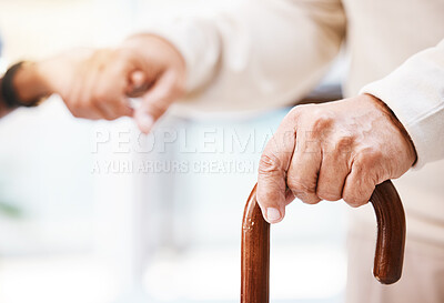 Buy stock photo Walking stick, senior patient and nurse hands for help, support and therapy for disability, parkinson and arthritis. Cane, disabled man and caregiver in nursing home for healthcare, trust or homecare