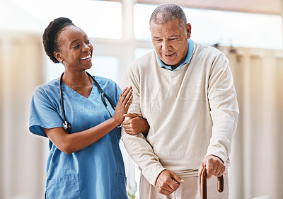 Buy stock photo Help, support and medical with nurse and old man and cane for retirement, rehabilitation or healing. Empathy, physical therapy and healthcare with patient and walking stick in caregiver nursing home 