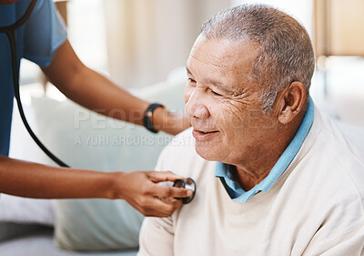 Buy stock photo Senior man, doctor and stethoscope in healthcare service, caregiver career or heart check in hospital, clinic or retirement home. Nursing, consulting and cardiology of elderly patient and black woman