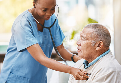 Buy stock photo Nurse, senior patient and stethoscope for healthcare service, caregiver career or heart check in hospital, clinic or retirement home. Nursing, consulting and cardiology of elderly man and black woman