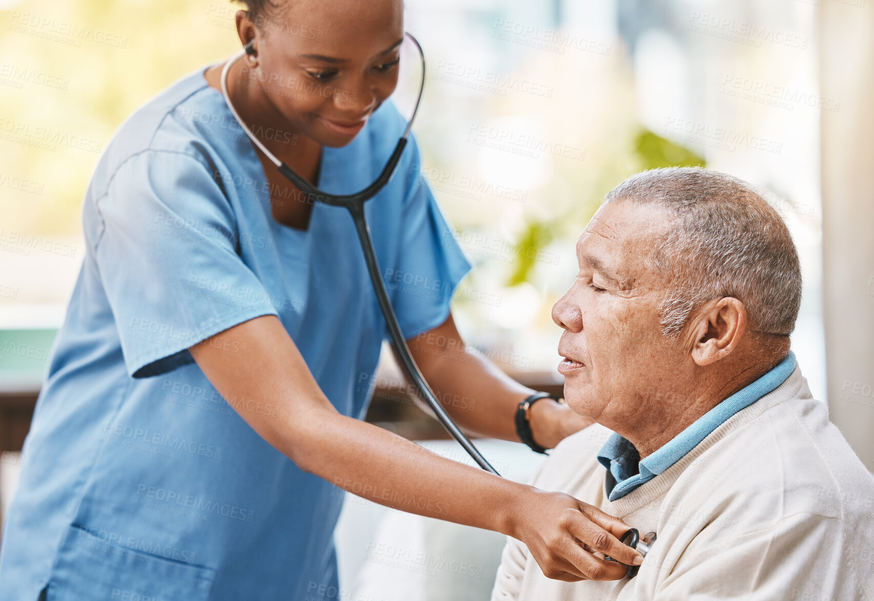 Buy stock photo Nurse, senior patient and stethoscope for healthcare service, caregiver career or heart check in hospital, clinic or retirement home. Nursing, consulting and cardiology of elderly man and black woman