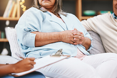 Buy stock photo Therapy, clipboard and senior couple on sofa for discussion, conversation and counseling with therapist. Marriage problem, psychology and hands of people with notes for relationship consultation