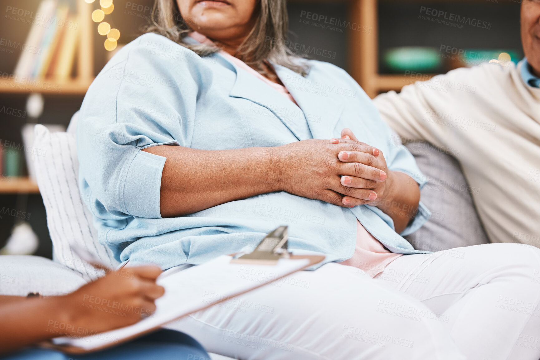 Buy stock photo Therapy, clipboard and senior couple on sofa for discussion, conversation and counseling with therapist. Marriage problem, psychology and hands of people with notes for relationship consultation