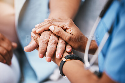 Buy stock photo Empathy, trust and nurse holding hands with patient for help, consulting support and healthcare advice. Kindness, counseling and medical therapy in nursing home for hope, consultation and psychology